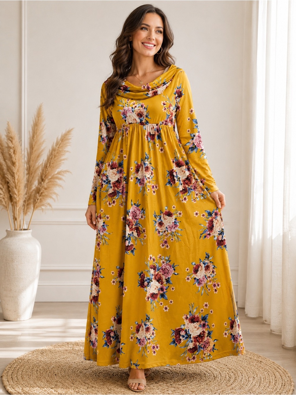 Sz M Hippie Bohemian Yellow Floral Cowl Neck Dress